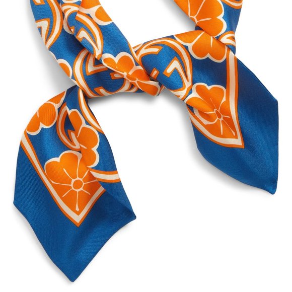 Gucci GG Flower Silk Foily Skinny Scarf in Blue Twilly Scarf NEW IN BOX - Picture 2 of 10
